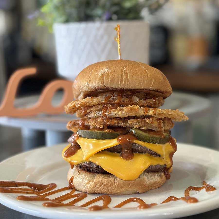 Double burger with onion rings from 1st Street Cafe in Leechburg, PA